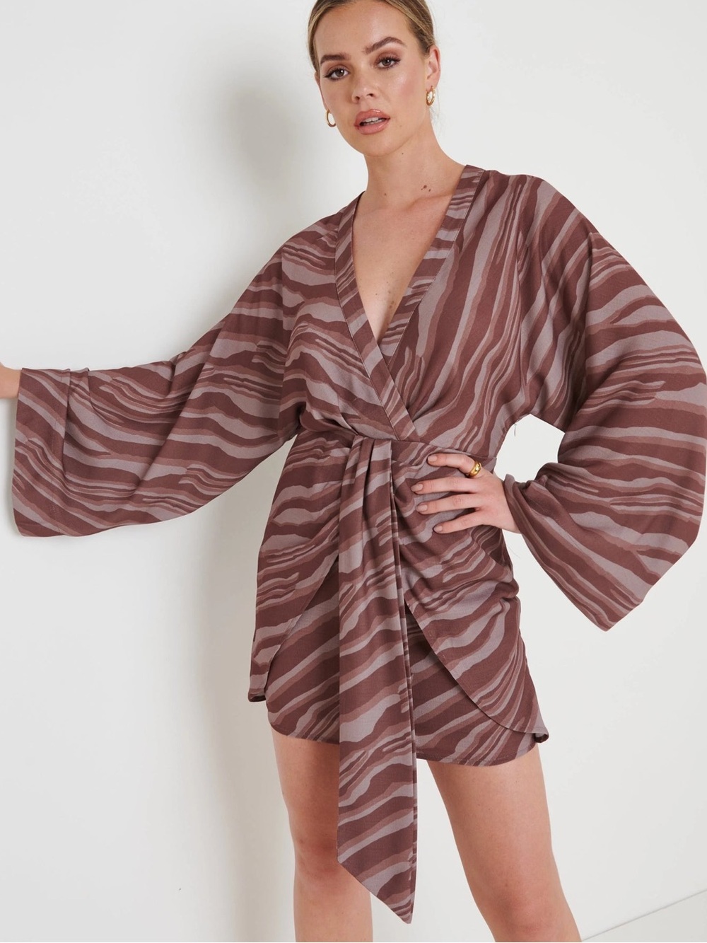Pretty Lavish P. Luise knot drape dress brown zebra wide sleeves